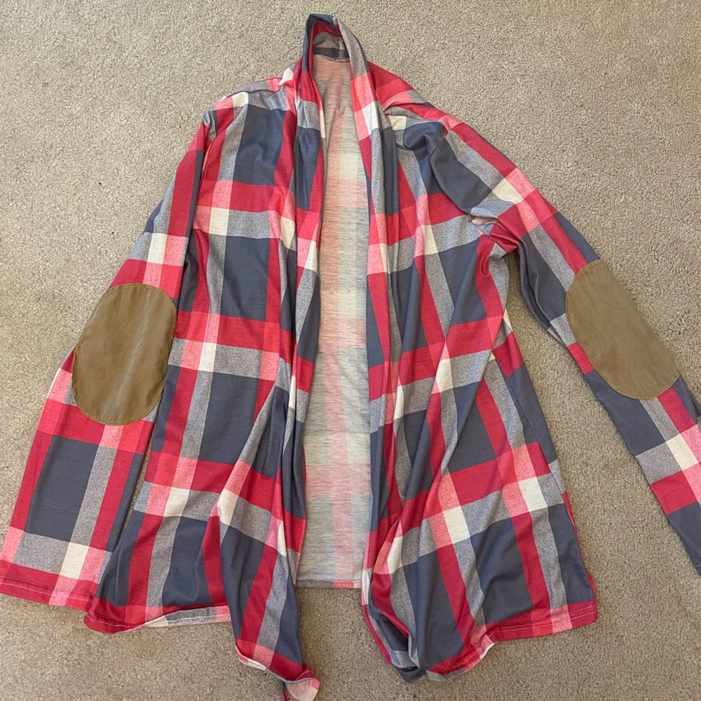 Red and Blue Plaid Flowy Cardigan